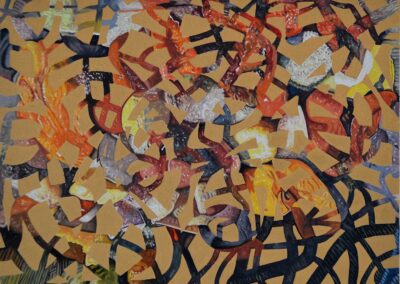 orange, yellow, black abstract painting with curved lines